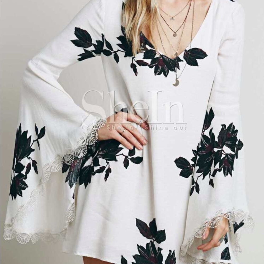 Shein White Long Sleeved Leaves Print Dress